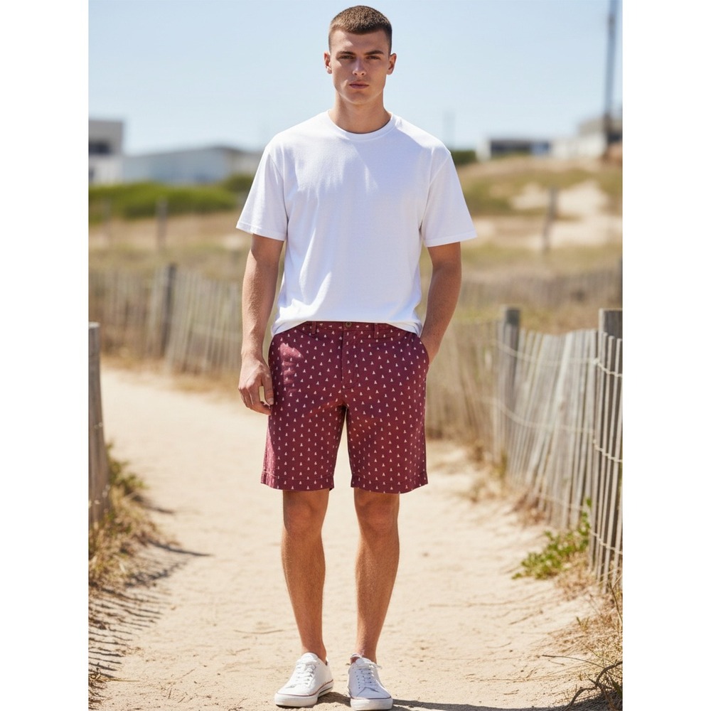 J.Crew Gramercy Shorts 36W Burgundy Red Sailboat Print Cotton Mens 9" Inseam